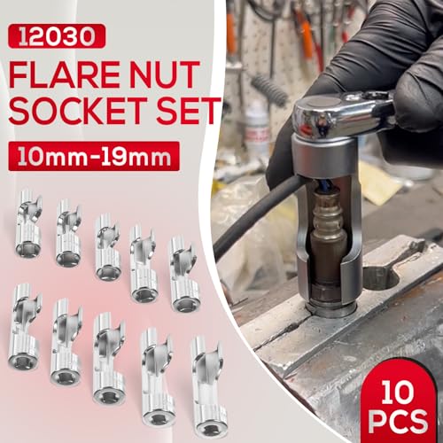 12030 Flare Nut Socket Set, 3/8" Square Drive Diesel Injector Fuel Line Socket Wrench Set, 10mm-19mm (10PCS)