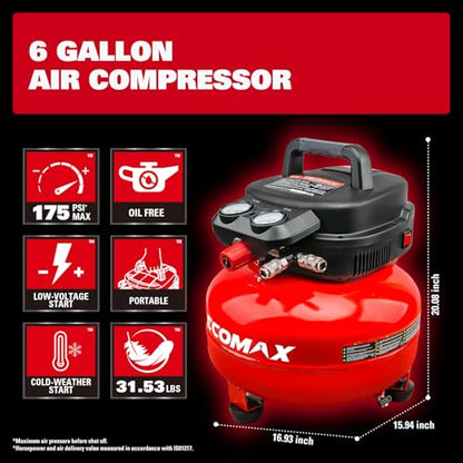 ECOMAX 6 Gallon Pancake Air Compressor 175PSI 3 CFM @ 90 PSI | Oil-Free Pump, 10 Accessories Kit, Dual Quick Couplers, for Brad Nailers, Air Tools & Tire Inflation - style: Accessories Kit