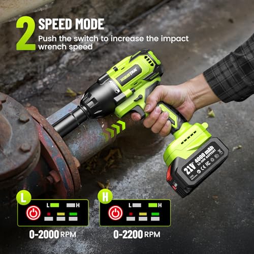 Robustrue Cordless Impact Wrench, 885Ft-lbs (1200N.m) 1/2" Brushless Impact Gun, 21V High Torque Power Impact Driver, 2x4.0Ah Batteries Electric Impact Motor Variable Speeds for Car/Truck RV/Mower - size: 1200N.m