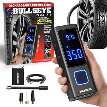 POCKET AIR Tire Inflator Portable Air Compressor by BULLSEYE for Tires, Balls, Bike with Persta Valve, Auto Shut Off, Inflates in 2 Min, Cordless Rechargeable 4000MAH,100 PSI, SoS Light - style: Original
