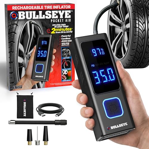 POCKET AIR Tire Inflator Portable Air Compressor by BULLSEYE for Tires, Balls, Bike with Persta Valve, Auto Shut Off, Inflates in 2 Min, Cordless Rechargeable 4000MAH,100 PSI, SoS Light - style: Original