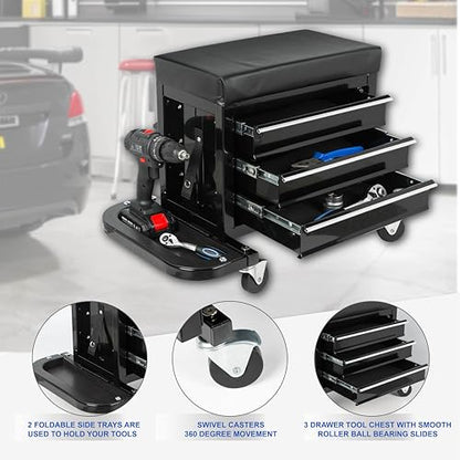 ZeHuoGe 3 Drawer Tool Chest, Rolling Mechanic Seat with Tool Trays, 2-In-1 Tool Chest, 350lbs Max Weight Capacity