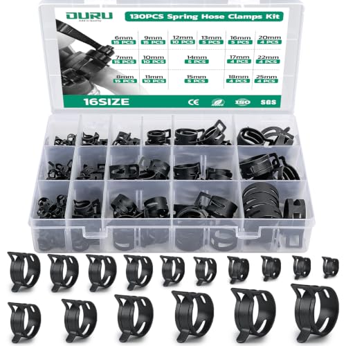 OURU Spring Band Hose Clamps Assortment kit, 130Pcs, 6-25mm | Constant Tension Hose Clamps, For Fuel Lines, Silicone, Vacuum Hoses, Low-Pressure Air Clips - size: 130PCS (6-25mm)