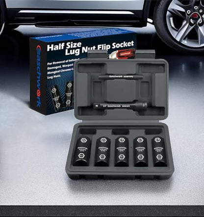 7Pc Half Size Lug Nut Socket Set 1/2” Drive Thin Wall Impact Flip Socket Set With Knockout Bar For Removal of Inflated, Damaged, Warped and Mangled Lug Nuts