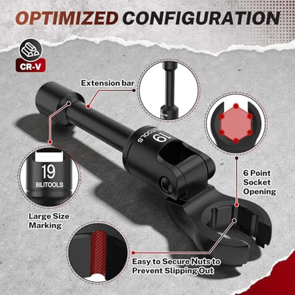 BILITOOLS 6PCS Long Flex Head Crows Foot Line Wrench Set 3/8" Drive | Injector Fuel Line Sockets Wrench Set, Crowfoot Flare Nut Socket Wrench, Metric 12 14 16 17 18 19 mm, Storage Box - style: Long Flex Head Wrench Set