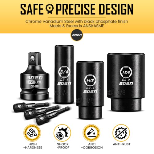boen 1/2” Drive SAE Impact Socket Set, 3/8" to 1-1/2" Deep Socket, 6-Point Hex Socket with Portable Case, Rugged Construction, CR-V Steel, 24PCS