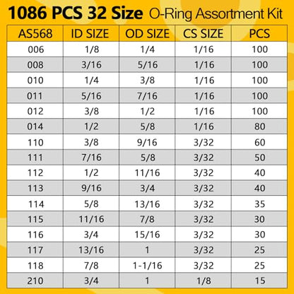 1086 PCS O-Rings Assortment Kit with 4 Pick & Hook Tools - 32 Sizes SAE Buna-N O Ring Set Compliant with AS568 Standards, Ensure Leak-Proof Seals for Hydraulic, Plumbing & Automotive Repairs - style: 1086 PCS O-Rings Kit