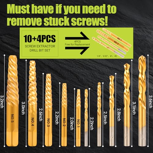 Screw Extractor Set, 14PCS Left-Hand Drill Bit Set, Stripped Screw Extractor Set, Easy Out Bolt Extractor Kit for Removing Damaged Screws, Broken Bolts, Studs - size: 14 Pieces