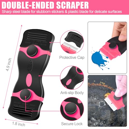 NECAMOCU 4 Pack Razor Blade Scraper, Includes 50 PCS Metal & Plastic Blades | Premium Razor Scraper Tool for Glass, Window, Cooktop, Countertop Cleaning & Sticker, Decal, Paint Removal (Pink) - color: Pink
