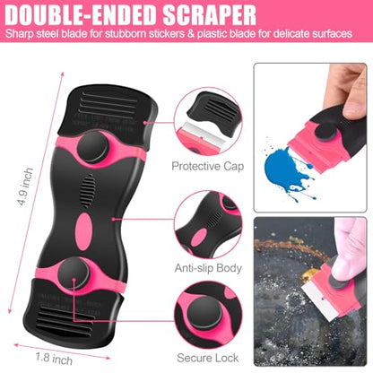 NECAMOCU 4 Pack Razor Blade Scraper, Includes 50 PCS Metal & Plastic Blades | Premium Razor Scraper Tool for Glass, Window, Cooktop, Countertop Cleaning & Sticker, Decal, Paint Removal (Pink) - color: Pink