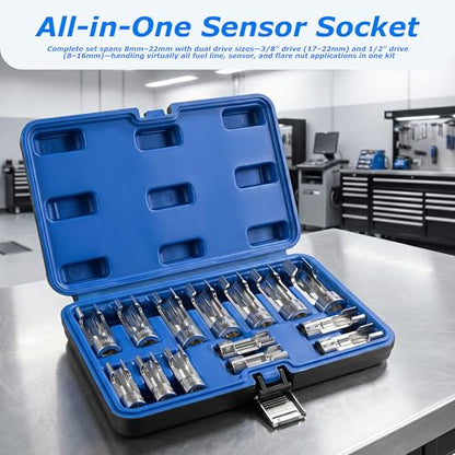 14PCS Diesel Injector Fuel Line Socket Wrench Set, 3/8" & 1/2" Drive, Metric 8-22mm Flare Nut Sockets, 5-Point Anti-Slip Design for Wired Temperature Sensors, Thermo Switches, ABS Tube, etc