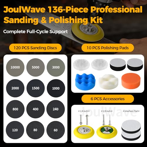 136PCS 3 Inch Wet/Dry Sanding Disc & Polishing Kit, 60-10000 Grit Silicon Carbide Hook & Loop Pads with Hand Pad for Drill or Manual Use, Headlight Restoration, Wood, Metal, Glass & Resin