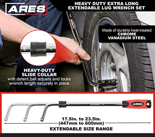ARES 57001 – Heavy Duty Extendable Lug Wrench Set – High-Torque Lug Wrench Extends from 17.5 to 23.5 Inches (447mm to 600mm) – Includes 2 Double-Sided 6-Point Sockets for Broad Vehicle Coverage - size: Heavy Duty Extra Long Extendable Lug Wrench Set