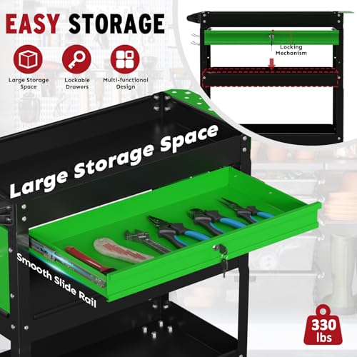 3 Tier Rolling Cart, Heavy Duty Utility Industrial Service Carts on Wheels, Metal Tool Cart with Locked Drawers, Ideal for Garage, Warehouse and Repair Shop (Black&Green) - color: Black&green