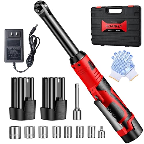SOARFLY 3/8" Cordless Ratchet Wrench Set, Extended Electric Ratchet Wrench, 40 Ft-lbs (55 N.m), 450 RPM, 16.8V Wrench Ratchet Set with 2*2000mAh Lithium Batteries, Variable Speed, 7 Sockets, LED Light - color: Red