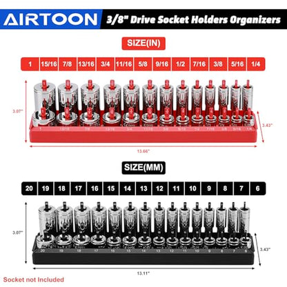 3/8-Inch Drive Socket Organizer Trays, 2-Piece SAE and Metric Socket Tray Set, Deep and Standard Socket Holders Organizers for Toolbox, Black & Red - size: 3/8-Inch Drive SAE and METRIC