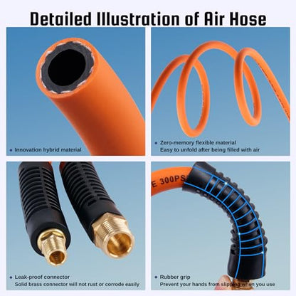 Truck Tire Inflator Kit, 3/8” x 50FT Hybrid Air Hose with 1/4" Chuck and 1/2" NPT Universal Gladhand Connection - color: Orange