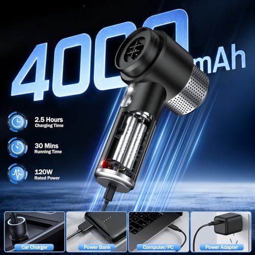 KMM Handheld Car Vacuum Cleaner, Hand Held Vacuum Cleaner & Air Duster | 16000PA Strong Suction, 120W High Power, Portable & Rechargeable, LED Light, Multi-Nozzles for Home, Car, Office, Pet - color: Black & Silver
