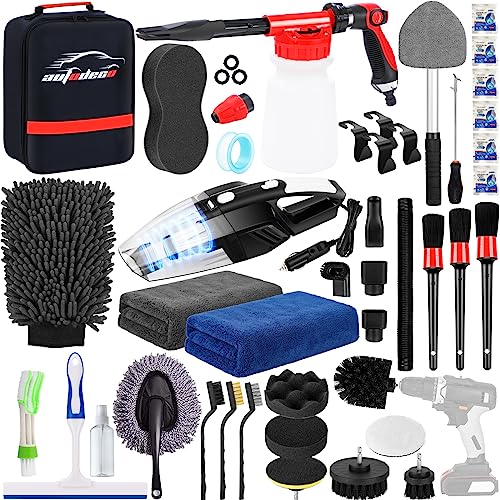 40Pcs Car Wash Detailing Kit Cleaning Kits with Foam Gun Sprayer Vacuum with Long Cord Drill Brush Large Wash Mitt Towels Complete Interior Exterior Car Washing Supply Set Black - color: Black, size: 40Pcs