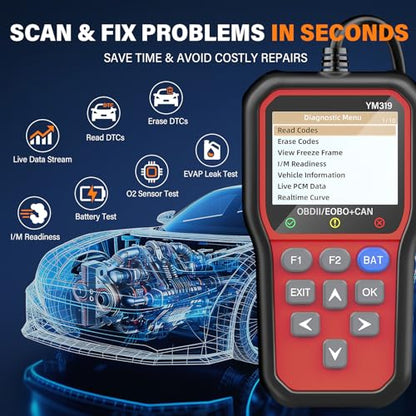 BluSon YM319 OBD2 Scanner Diagnostic Tool with Battery Tester, Check Engine Fault Code Reader with Live Data, Cloud Printing, DTC Lookup, Freeze Frame, Scan Tool for All OBDII Cars Since 1996, Red - color: Red