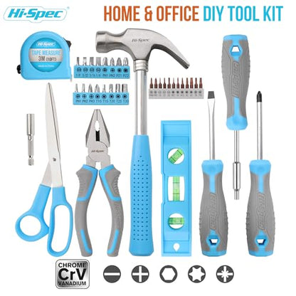 Hi-Spec Household Starter Tool Set with Carry Toolbox for Dorms, Blue | 38pc, socket and wrench coverage, roadside fixes, organized box, garage maintenance help, bike and vehicle tasks, quick setup - color: Blue