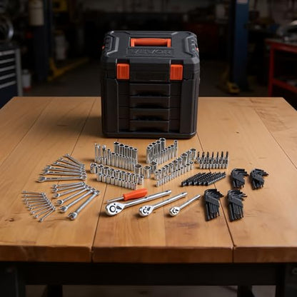 VEVOR Mechanics Tool Set, 230-Piece Mechanic Tool Kit, 1/4 in, 3/8 in, and 1/2 in Drive, SAE and Metric Socket Set, Wrenches, Screwdriver Bits, Accessories, and Storage Case, for Automotive Repair - size: 1/4"&3/8"&1/2", style: 230 PCS