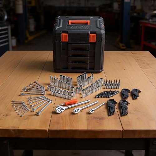 VEVOR Mechanics Tool Set, 230-Piece Mechanic Tool Kit, 1/4 in, 3/8 in, and 1/2 in Drive, SAE and Metric Socket Set, Wrenches, Screwdriver Bits, Accessories, and Storage Case, for Automotive Repair - size: 1/4"&3/8"&1/2", style: 230 PCS