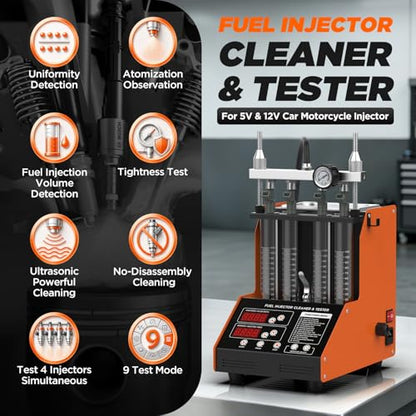 Fuel Injector Cleaner Machine 4 Cylinder Ultrasonic Fuel Injector Cleaner Tester 9 Test Modes Auto Fuel Injector Cleaner Tester Kit for 5V&12V Motorcycle Car Injectors
