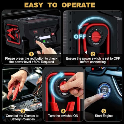 Jump Starter with Air Compressor, ZunDian 2000A Battery Booster for Cars, Trucks & SUVs, Up to 10.0L Gas & 8.0L Diesel, 260PSI Tire Inflator, Emergency Power Pack with AC/DC/USB