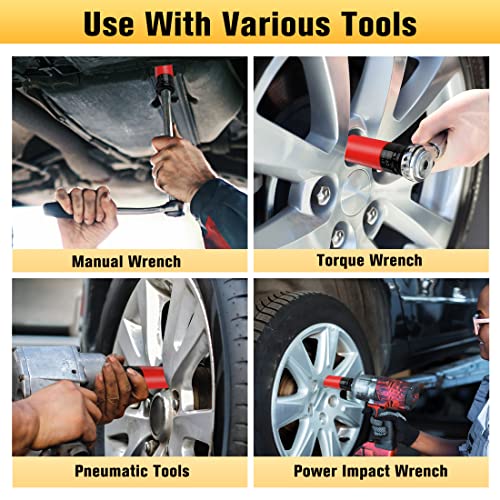 BOEN 1/2" Drive Impact Lug Nut Socket, 7 Pieces Non-Marring Wheel Protector Thin Wall Deep Socket Set, Metric 17 19 21 mm | SAE 13/16 7/8 1 1-1/16 inch, 6 Point Design, Color-Coded, CR-MO Steel - size: 7-Piece Metric/SAE