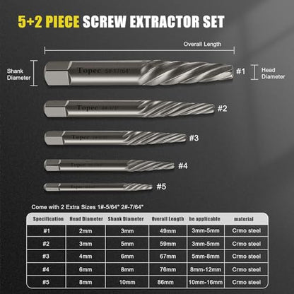 TOPEC Damaged Screw Extractor Set, 7 Piece Easy Out Bolt Extractor for Easily Remove Broken Bolts, Stripped Screws, Studs - Gifts for Men - size: 7 Piece