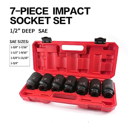 TONYNOL 1/2 Inch Drive Deep Impact Socket Set, 6-Point, SAE(1/2 Drive 1-3/8"to1-3/4"), 7 PCS, Cr-Mo, Heavy Duty Impact Socket Set, with a strong case - size: 1/2" SAE 7PC (1-3/8" to 1-3/4") Deep