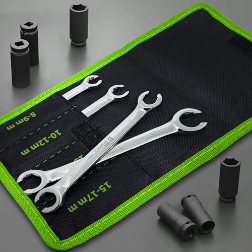 Der Erwachte 4-Piece Flare Nut Wrench Set, Offset End Spanner, Metric | 8 9 10 12 13 14 15 17mm, CR-V Steel Storage Pouch Repair and Remove Nuts on Fuel Tube Hose Transmission Line - size: 4PC Metric