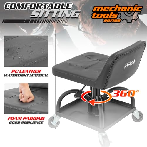 M-AUTO Padded Seat Garage Stool on Wheels, 16”-21” Height Adjustable Swivel Mechanics Seat with Tool Tray Storage for Garage and Garden, 300lbs Capacity - size: 21" Square