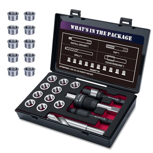 M14X1.5 Thread Repair Kit with Insert HSS Drill, Tap, Counterbore, Installation Driver,Tap Guides, Metric, 10PCS Stainless Steel Insert M14X1.5X 9.4MM