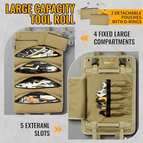 GrenPRO Roll Up Tool Bag, Tool Roll Up Bag with Detachable Tool Pouches, Soft Rollable Tool Pouch, Tool Organizer for Electricians, DIY, Valentines Day Gifts for Him Dad Men Mechanic Welding, Khaki - color: Khaki