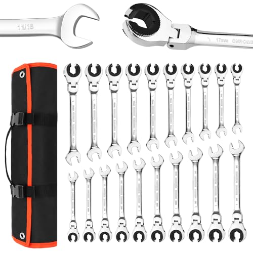 LOSCHEN 20PCS SAE & Metric Ratcheting Combination Wrench Set, with Open Flex-head, Open End Spanner Set with 72-Tooth Gear, CR-V Steel