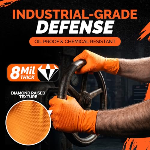 GripProtect 8 Mil Nitrile Gloves – Chemical Resistant, Diamond-Raised Textured Gloves, Orange Heavy Duty Disposable Gloves - size: L