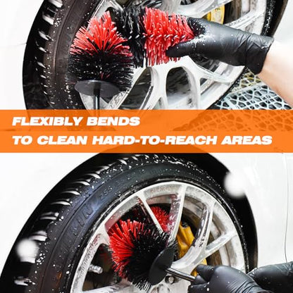 Wheel Brush and Car Wash Mitts Set, 3 PCS Car Cleaning Kit, 17 Inch Soft Bristle Wheel Cleaner Brush with 2 Microfiber car Wash Mitts, Scratch-Free Rim Tire Detailing Brush for Wheels, Tires, Rims