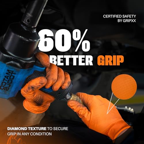 GRIPXX Herkules Grip Heavy Duty 8Mil Orange Nitrile Gloves,3D Raised Diamond Texture-Latex & Powder Free-Industrial, Mechanic (1, Large) - size: Large, style: Orange - 100 Count