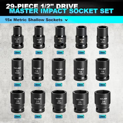 1/2 Impact Socket Set, 29PCS Shallow, SAE (3/8 to 1 inch) and Metric (10-24mm) Sizes with Extension Bars Standard Shallow Socket Set CR-MO Material High Torque Truck Bearing Locknut - size: 1/2inch 29PCS SHALLOW