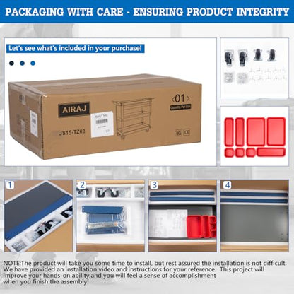 3 Tier Rolling Tool Cart on Wheels,Mechanic Tool Cart with Lockable Drawers,440 LBS Load Capacity Tool Storage Cart with Pegboard and Hook,Industrial Utility Cart,for Garage, Workshop and Warehouse