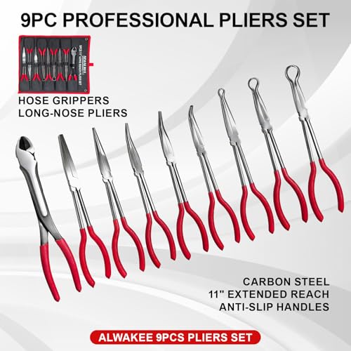 9-Piece 11" Long Reach Needle Nose Pliers Set | 9-Piece 11" long reach needle nose pliers set (straight/bent/hose grippers). 58HRC carbon steel with canvas storage pouch.