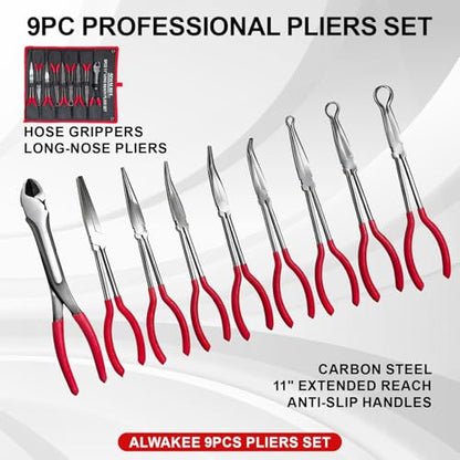 9-Piece 11" Long Reach Needle Nose Pliers Set | 9-Piece 11" long reach needle nose pliers set (straight/bent/hose grippers). 58HRC carbon steel with canvas storage pouch.
