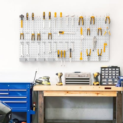 TORACK Garage Tools Organizer Boards Kit with Hooks, Modular Wall-Mounted Tool Storage Pegboard for Workbench(Gray, 4 Panels with Hooks)