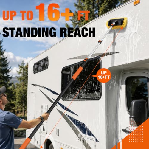 LAANPOLE 16FT Car Wash Brush with Long Handle, Car Cleaning Brush with 12 Inch Soft Bristle, Solar Panels Cleaner with Telescoping Pole for RV, Truck, Boat, House Siding - size: 16FT