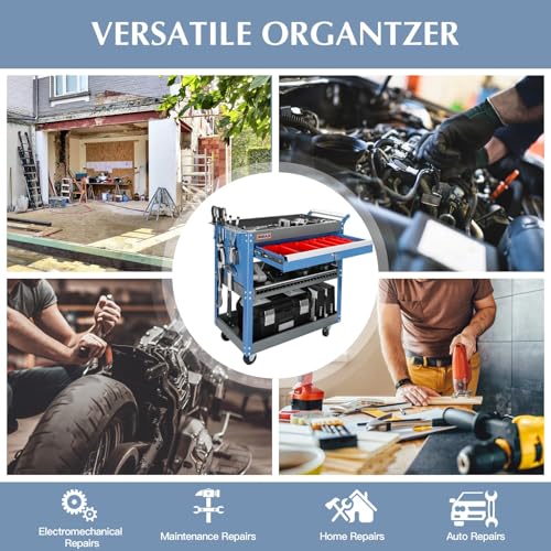 Tool Cart,440LBS Service Cart,4-Tier Tool Cart on Drawers,Hooks,Parts Box and Locking System for Warehouse,Garage,Workshop - size: Blue