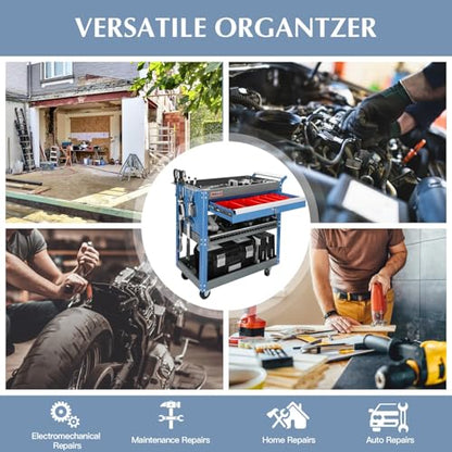 Tool Cart,440LBS Service Cart,4-Tier Tool Cart on Drawers,Hooks,Parts Box and Locking System for Warehouse,Garage,Workshop - size: Blue