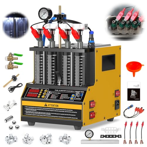 Fuel Injector Cleaner Machine 4-Cylinder Ultrasonic Injector Cleaner Tester Machine 110V, Heated Cleaning Car/Motorcycle Injectors Tester with 9 Test Modes & 4 Test Functions, 1600ml Cleaning Tank - color: Yellow
