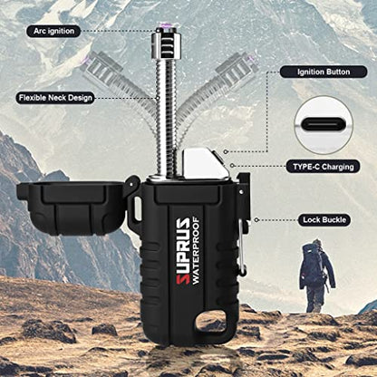 SUPRUS Waterproof Lighter Windproof Lighter Arc Plasma Lighters USB-C Rechargeable with Expandable and Flexible Neck for Outdoor, Camping & Kitchen (Black, 2Packs) - color: Black, 2packs